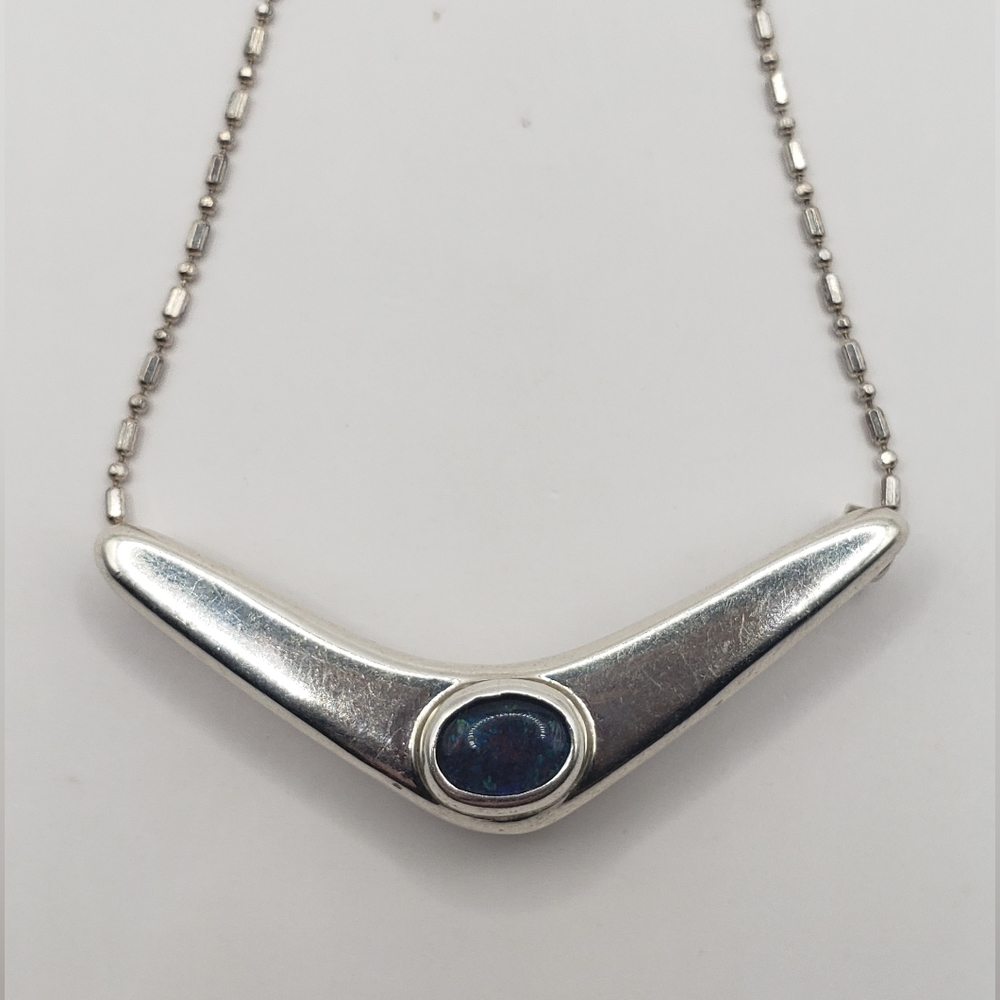 Vintage Sterling V bar pendant with blue opal on 18" chain